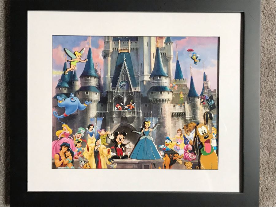Framed Walt Disney Print Of Cinderella's Castle Featuring Pins Of Goofy, Cinderella, Mickey Mouse And Tinkerbell 10 X 8