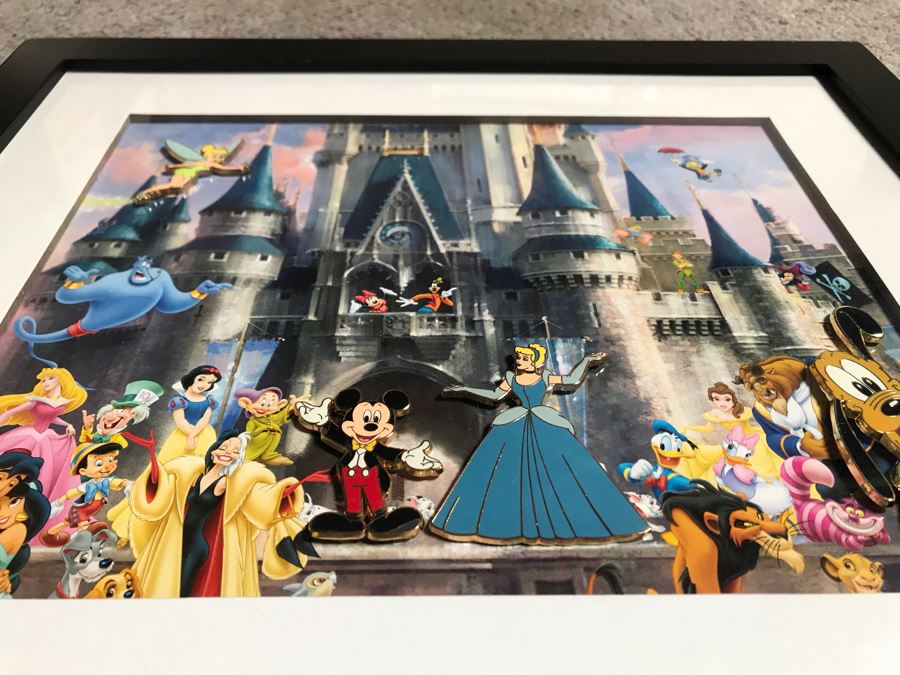 Framed Walt Disney Print Of Cinderella's Castle Featuring Pins Of Goofy ...