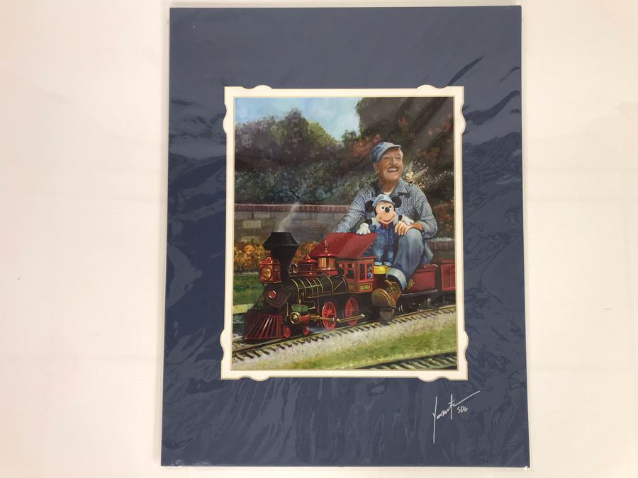 Walt Disney With Mickey Mouse Riding Train Print Hand Signed Matte By Joseph Yakovetic 10 X 12