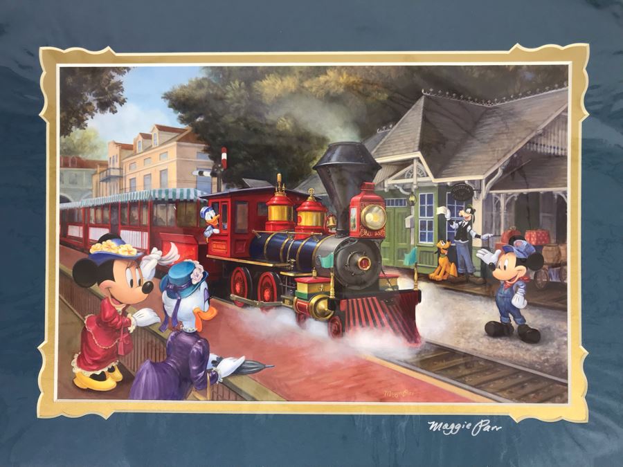 Hand Signed Maggie Parr Print Titled Heading West From Former Walt Disney Imagineer Of Donald Duck, Mickey Mouse And Friends At Train Station 14 X 10 [Photo 1]