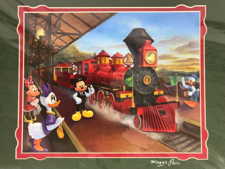 Hand Signed Maggie Parr Print Titled Right On Time From Former Walt Disney Imagineer Of Goofy Mickey Mouse And Friends At Train Station 12 X 10