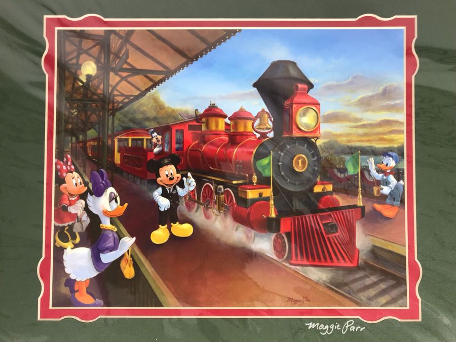 Hand Signed Maggie Parr Print Titled Right On Time From Former Walt Disney Imagineer Of Goofy, Mickey Mouse And Friends At Train Station 12 X 10