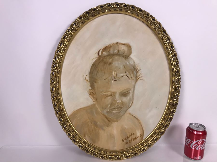 Original Painting Of Child By Actress Carole Mathews In Oval Gilded Frame 18.5 X 22 [Photo 2]