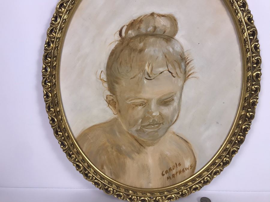 Original Painting Of Child By Actress Carole Mathews In Oval Gilded Frame 18.5 X 22 [Photo 4]