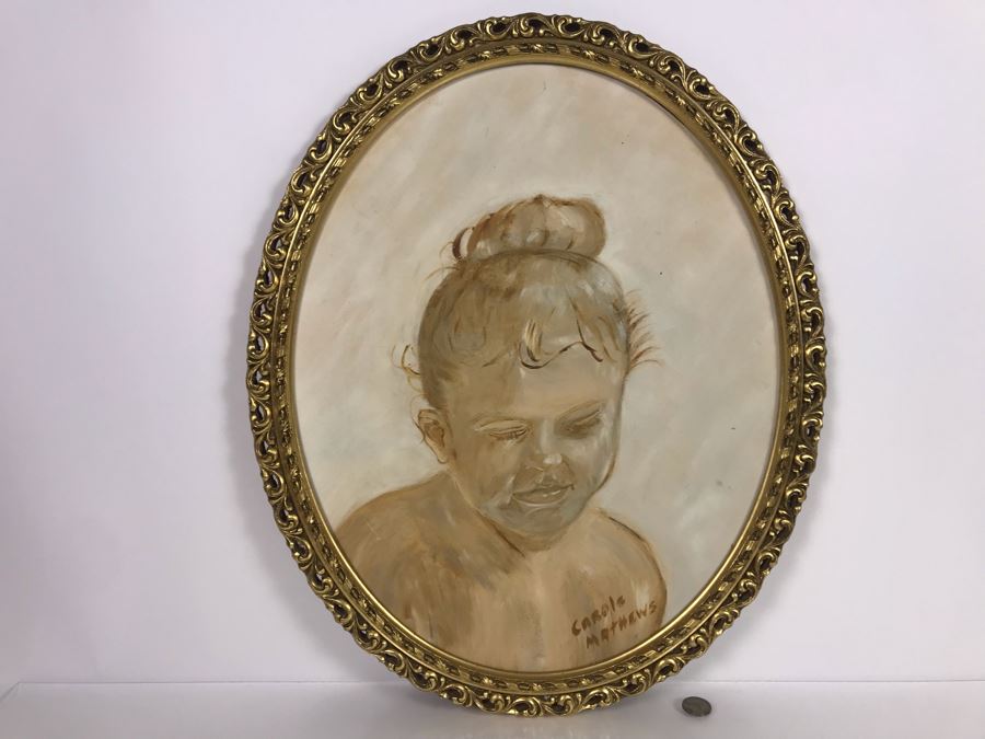 Original Painting Of Child By Actress Carole Mathews In Oval Gilded Frame 18.5 X 22 [Photo 3]