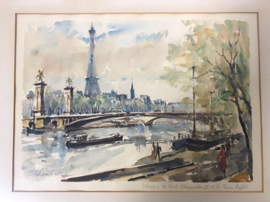 Pierre Eugene Cambier (1914-2000) Original Signed Paris Street Scene With Eiffel Tower Watercolor Painting Framed 12 X 9 [Photo 3]