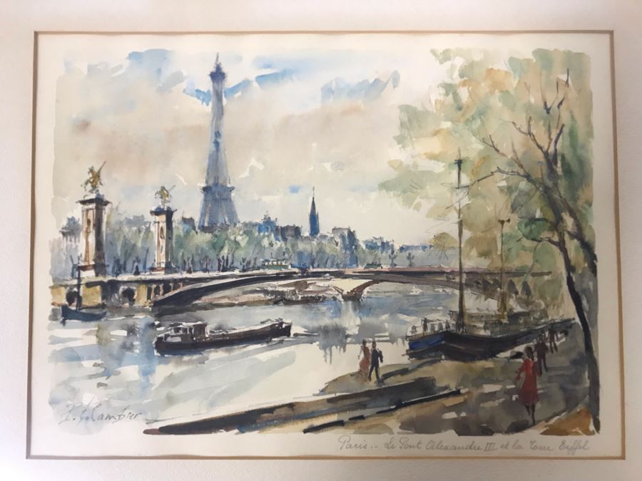 Pierre Eugene Cambier (1914-2000) Original Signed Paris Street Scene With Eiffel Tower Watercolor Painting Framed 12 X 9