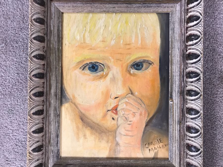 Original Painting Of Child By Actress Carole Mathews Framed 9 X 12