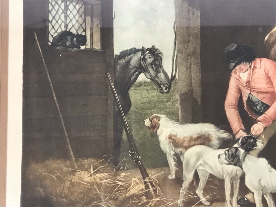 Vintage Hand Signed Limited Edition Print Of Horse Stable Hunting Preparation With Dogs - Artist Signature Illegible Framed 22 X 16 [Photo 6]