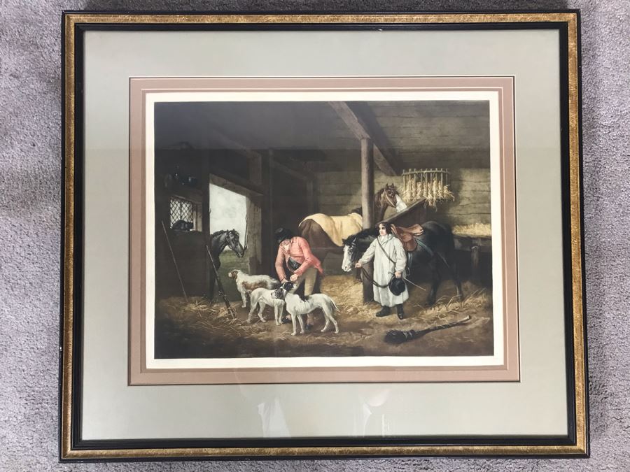 Vintage Hand Signed Limited Edition Print Of Horse Stable Hunting Preparation With Dogs - Artist Signature Illegible Framed 22 X 16 [Photo 2]