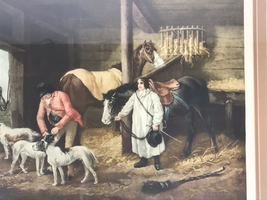 Vintage Hand Signed Limited Edition Print Of Horse Stable Hunting Preparation With Dogs - Artist Signature Illegible Framed 22 X 16 [Photo 3]
