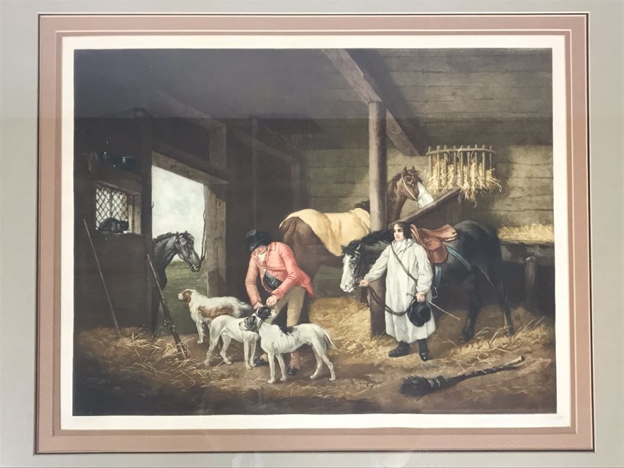 Vintage Hand Signed Limited Edition Print Of Horse Stable Hunting Preparation With Dogs - Artist Signature Illegible Framed 22 X 16 [Photo 1]