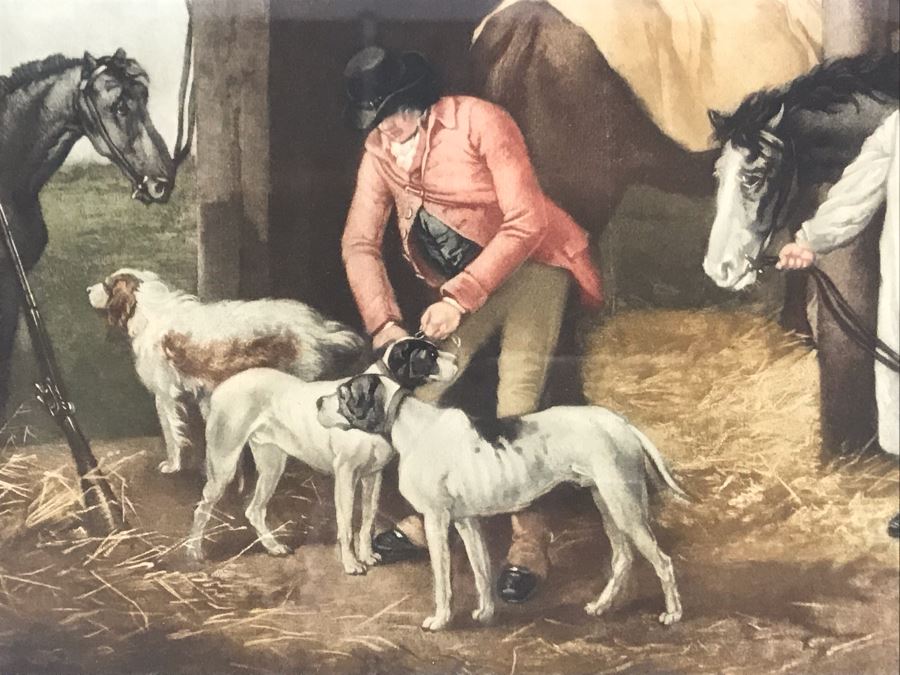 Vintage Hand Signed Limited Edition Print Of Horse Stable Hunting Preparation With Dogs - Artist Signature Illegible Framed 22 X 16 [Photo 5]