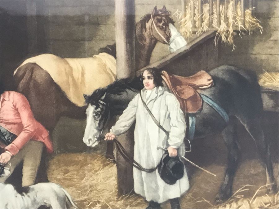 Vintage Hand Signed Limited Edition Print Of Horse Stable Hunting Preparation With Dogs - Artist Signature Illegible Framed 22 X 16 [Photo 4]