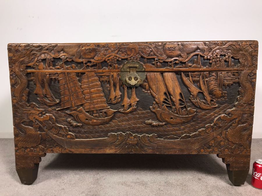 Vintage Chinese Relief Hand Carved Wooden Chest Asian Trunk 41W X 20D X 26H [Photo 16]