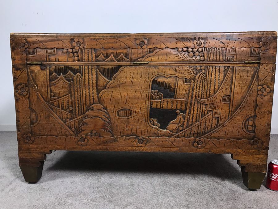 Vintage Chinese Relief Hand Carved Wooden Chest Asian Trunk 41W X 20D X 26H [Photo 23]