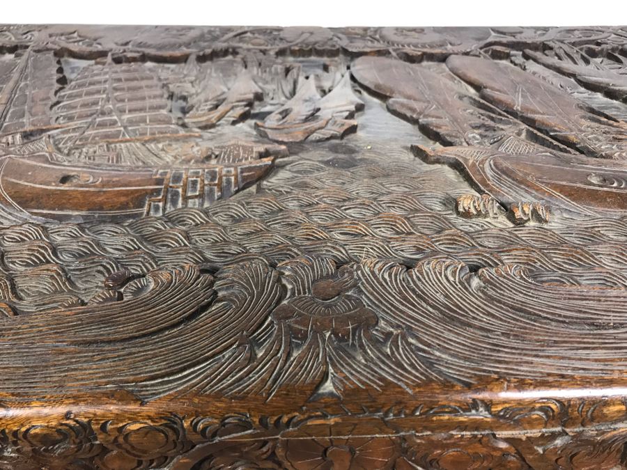 Vintage Chinese Relief Hand Carved Wooden Chest Asian Trunk 41W X 20D X 26H [Photo 5]
