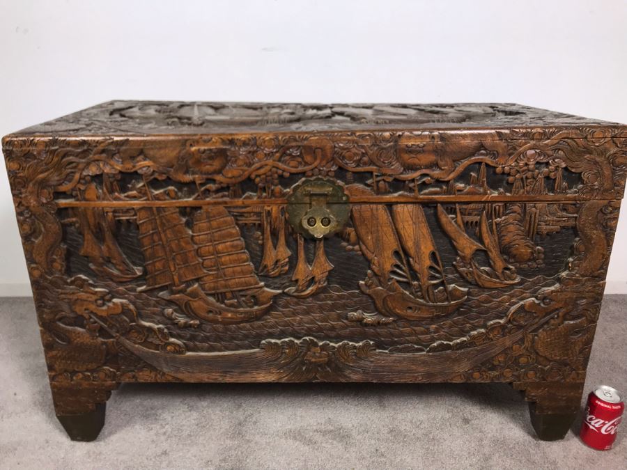 Vintage Chinese Relief Hand Carved Wooden Chest Asian Trunk 41W X 20D X 26H