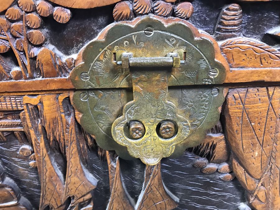 Vintage Chinese Relief Hand Carved Wooden Chest Asian Trunk 41W X 20D X 26H [Photo 4]