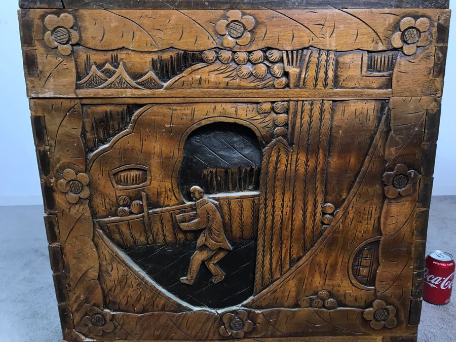 Vintage Chinese Relief Hand Carved Wooden Chest Asian Trunk 41W X 20D X 26H [Photo 21]