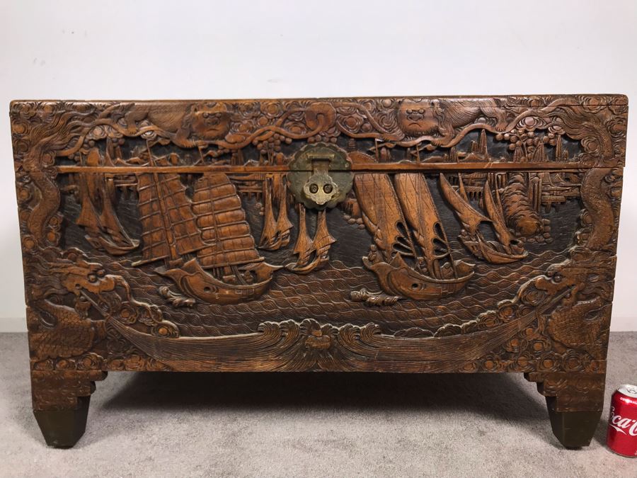 Vintage Chinese Relief Hand Carved Wooden Chest Asian Trunk 41W X 20D X 26H [Photo 17]