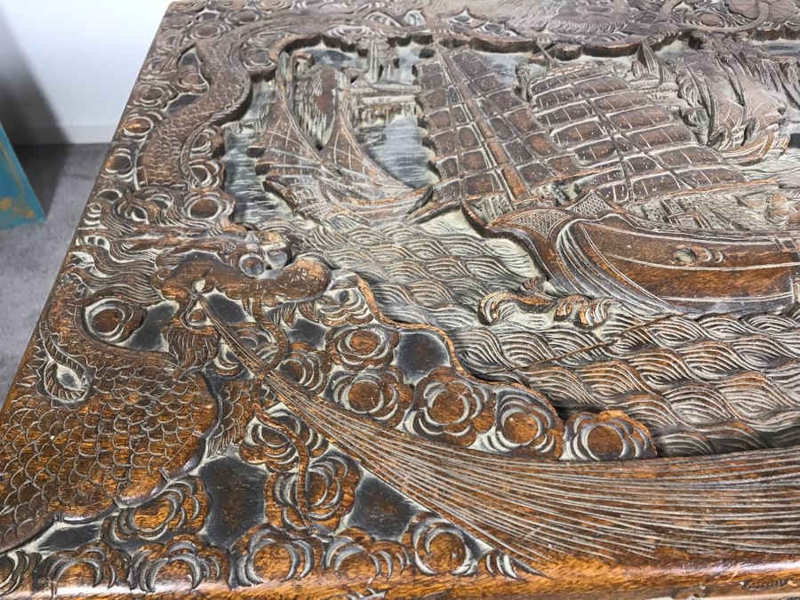 Vintage Chinese Relief Hand Carved Wooden Chest Asian Trunk 41W X 20D X 26H [Photo 7]