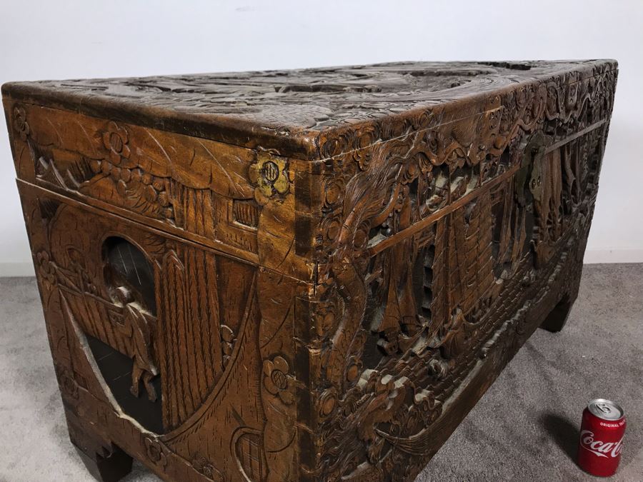 Vintage Chinese Relief Hand Carved Wooden Chest Asian Trunk 41W X 20D X 26H [Photo 26]