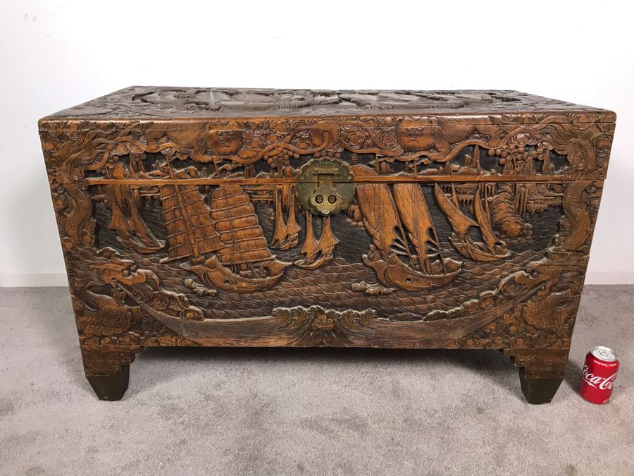 Vintage Chinese Relief Hand Carved Wooden Chest Asian Trunk 41W X 20D X 26H [Photo 2]