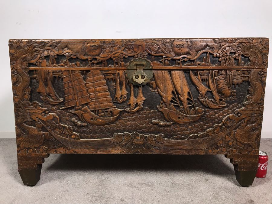 Vintage Chinese Relief Hand Carved Wooden Chest Asian Trunk 41W X 20D X 26H [Photo 14]