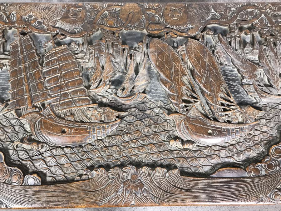 Vintage Chinese Relief Hand Carved Wooden Chest Asian Trunk 41W X 20D X 26H [Photo 9]