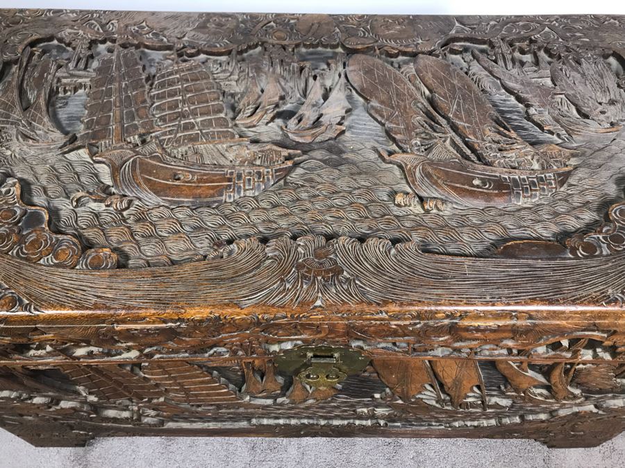 Vintage Chinese Relief Hand Carved Wooden Chest Asian Trunk 41W X 20D X 26H [Photo 3]