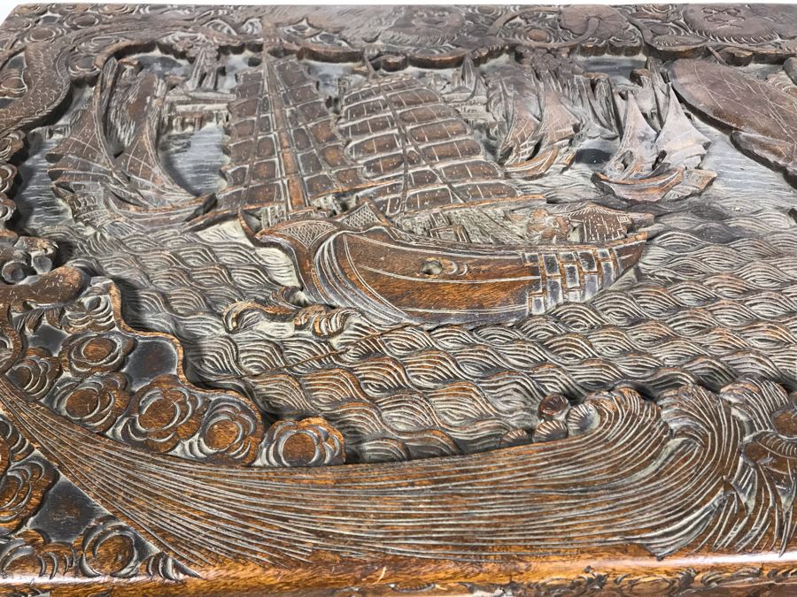 Vintage Chinese Relief Hand Carved Wooden Chest Asian Trunk 41W X 20D X 26H [Photo 6]