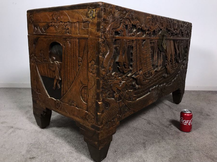 Vintage Chinese Relief Hand Carved Wooden Chest Asian Trunk 41W X 20D X 26H [Photo 25]