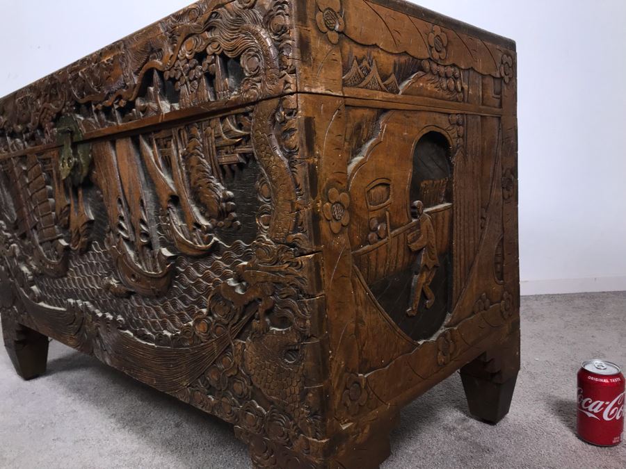 Vintage Chinese Relief Hand Carved Wooden Chest Asian Trunk 41W X 20D X 26H [Photo 20]