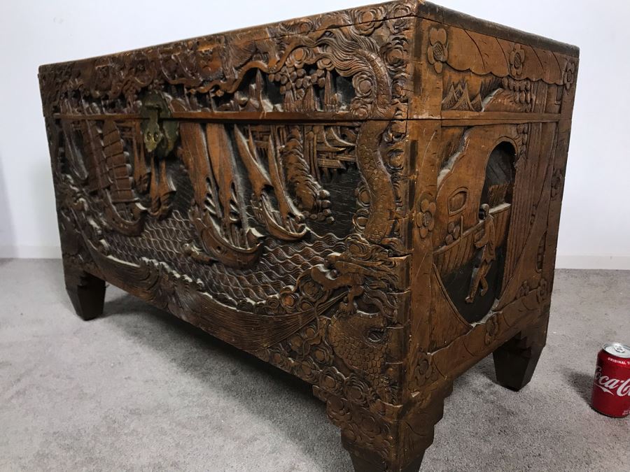 Vintage Chinese Relief Hand Carved Wooden Chest Asian Trunk 41W X 20D X 26H [Photo 19]
