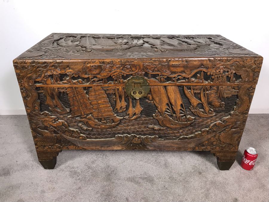 Vintage Chinese Relief Hand Carved Wooden Chest Asian Trunk 41W X 20D X 26H