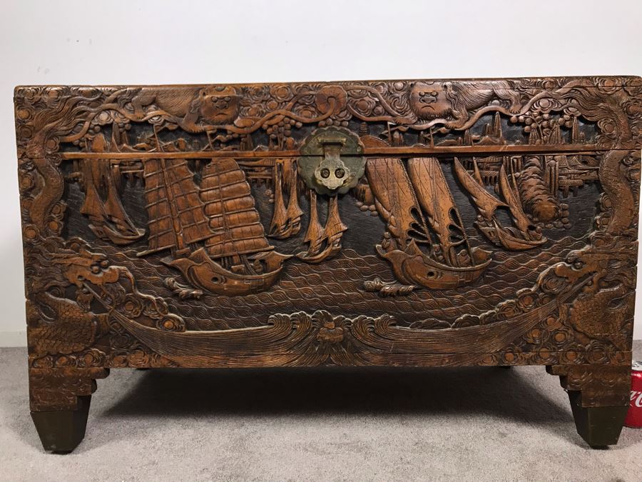 Vintage Chinese Relief Hand Carved Wooden Chest Asian Trunk 41W X 20D X 26H [Photo 15]