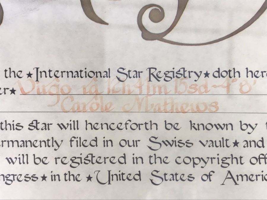 Actress Carole Mathews Framed International Star Registry Certificate 1985 17 X 15 [Photo 6]