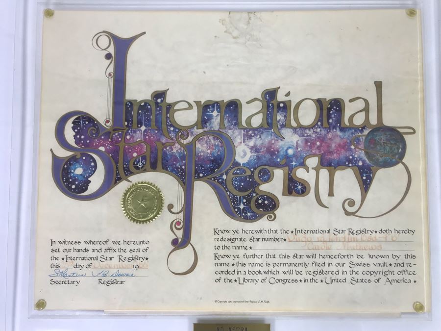 Actress Carole Mathews Framed International Star Registry Certificate 1985 17 X 15 [Photo 2]