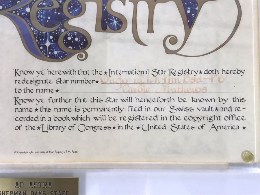 Actress Carole Mathews Framed International Star Registry Certificate 1985 17 X 15 [Photo 5]