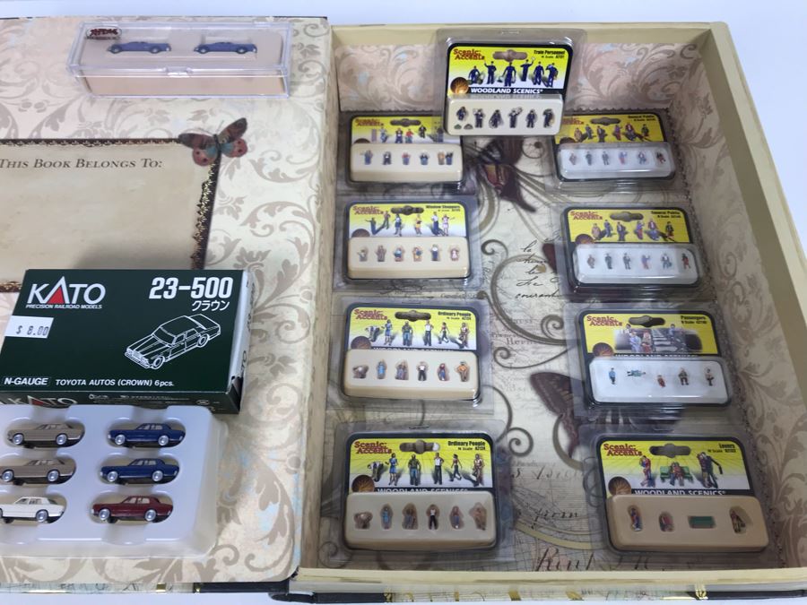 Collection Of New Miniature N Scale Train Figures And Cars With Faux Book Safe - See Photos [Photo 2]
