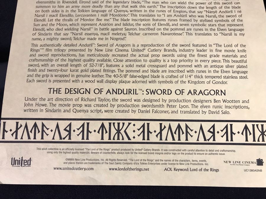 The Lord Of The Rings Anduril: The Sword Of King Elessar With Scabbard, Boxes And Certificates Of Authenticity By United Cutlery Brands [Photo 15]