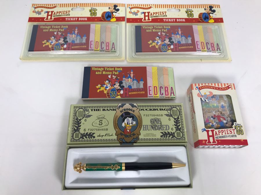 Disney Scrooge Pen, Disneyland Card Deck And Set Of 3 Vintage Disneyland Ticket Book Memo Pads