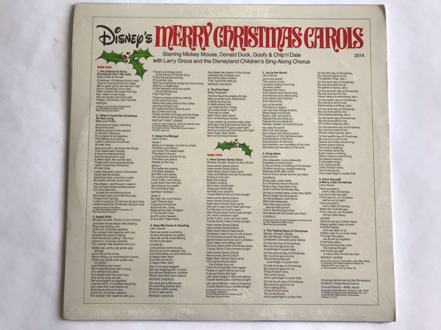 SEALED Disney's Merry Christmas Carols Disneyland Record 2514 [Photo 2]
