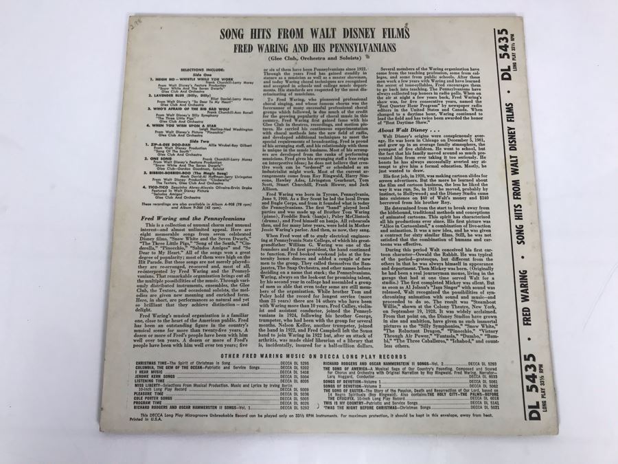 Song Hits From Walt Disney Films By Fred Waring And His Pennsylvanians Decca Records DL 5435 [Photo 2]