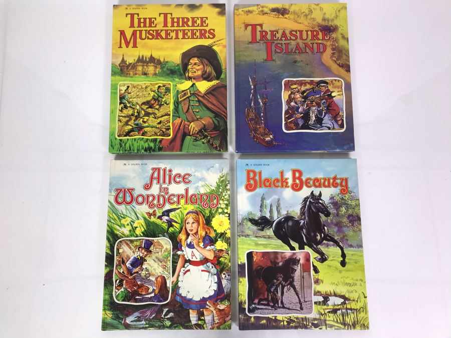 Four Vintage Children's Golden Books: Alice In Wonderland, Black Beauty, The Three Musketeers And Treasure Island