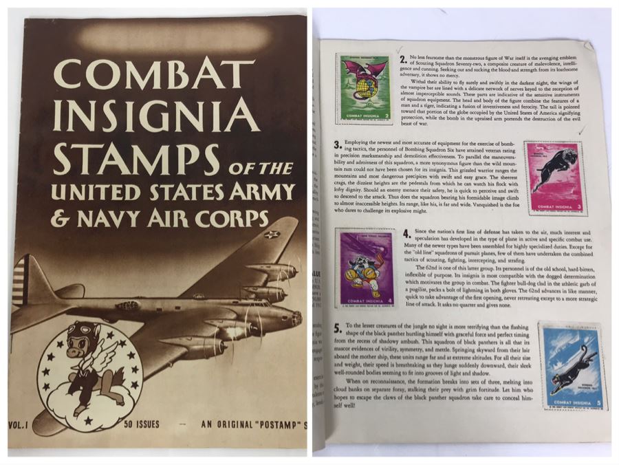 Combat Insignia Stamps Of The United States Army & Navy Air Corps Album Vol. 1 Complete 50 Stamps Original 'Postamp' Series [Photo 1]