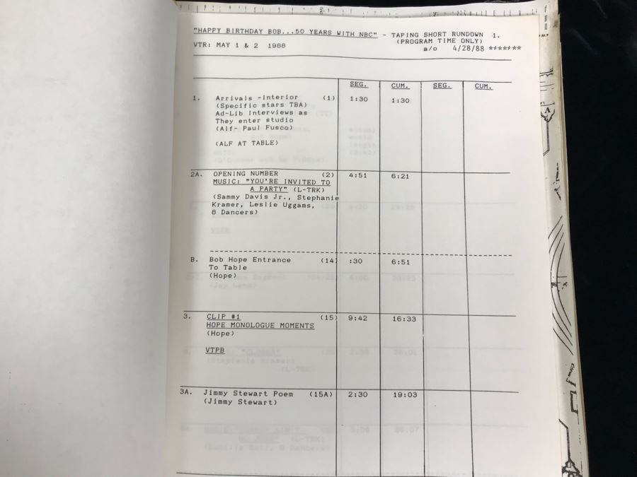 1988 Final Draft Original Script To NBC Show: 'Happy Birthday Bob! 50 Stars Salute Your 50 Years With NBC!' May 1 & 2, 1988 NBC Burbank - Bob Hope [Photo 3]