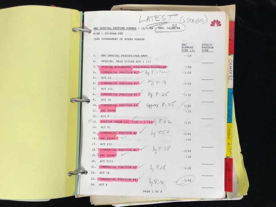 1989 NBC Tournament Of Roses Parade Binder With Script, Planning And Information Folder With Personalized Notes From Co-ordinating Producer And Official Souvenir Parade Program Hosted By Alex Trebek - See Photos For Small Sample [Photo 6]