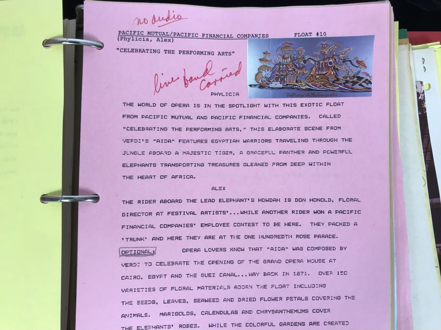 1989 NBC Tournament Of Roses Parade Binder With Script, Planning And Information Folder With Personalized Notes From Co-ordinating Producer And Official Souvenir Parade Program Hosted By Alex Trebek - See Photos For Small Sample [Photo 16]